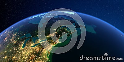 Detailed Earth at night. Northeast US and Eastern Canada Stock Photo