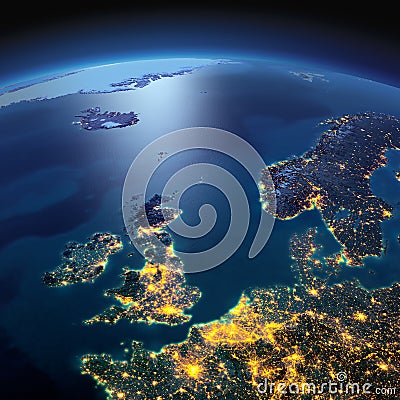 Detailed Earth. United Kingdom and the North Sea on a moonlit night Stock Photo