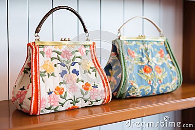 detailed embroidered vintage handbags on shelf Stock Photo