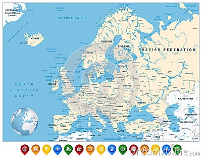 Detailed Europe Map and Colorful Map Markers Vector Illustration