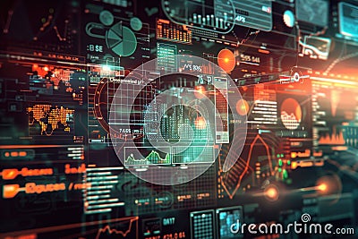 Detailed financial dashboard displaying dynamic stock market data and analytics with glowing graphical interfaces and Stock Photo