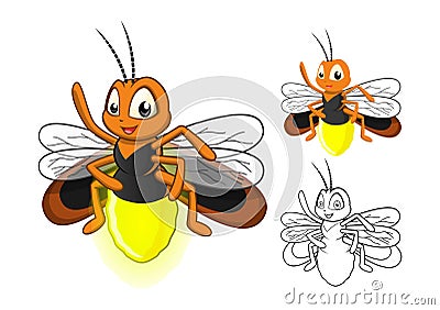 Detailed Firefly Cartoon Character with Flat Design and Line Art Black and White Version Vector Illustration