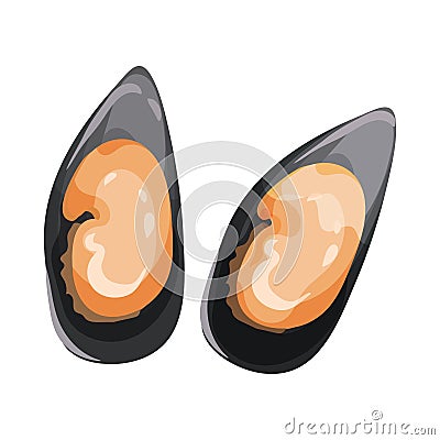 Detailed flat vector icon of two mussels in black shells. Delicious seafood. Edible marine product Vector Illustration