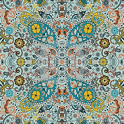 Detailed floral and paisley design, fabric, bandana. Seamless retro pattern Vector Illustration