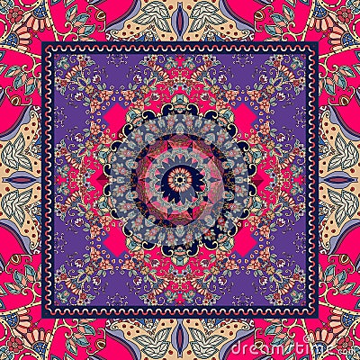 Detailed floral scarf design. Flower mandala and ornamental frame. Cushion. Blanket. Rug. Stock Photo