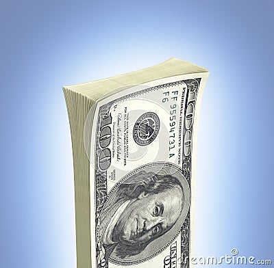 Detailed fluffy stack of money american hundred dollar bills isolated on blue gradient background 3d Stock Photo