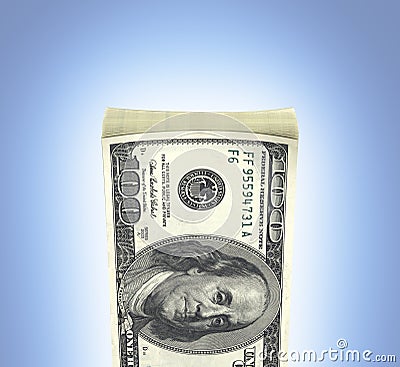 Detailed fluffy stack of money american hundred dollar bills isolated on blue gradient background 3d Stock Photo