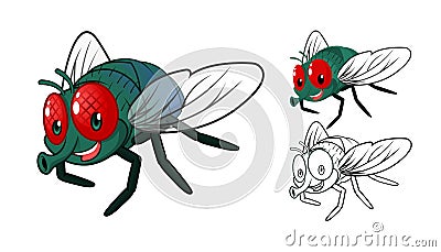 Detailed Fly Cartoon Character with Flat Design and Line Art Black and White Version Vector Illustration