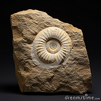 A detailed fossil of an ammonite embedded in a rough, rectangular slab of textured Stock Photo