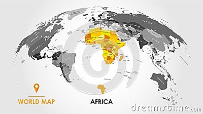 Detailed global world map, with borders and names of countries, seas and oceans, Continent of Africa in colors, vector Vector Illustration