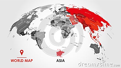 Detailed global world map, with borders and names of countries, seas and oceans, Continent of Asia in colors, vector illustration Vector Illustration