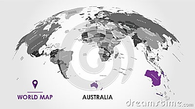 Detailed global world map, with borders and names of countries, seas and oceans, Continent of Australia in colors, vector Vector Illustration