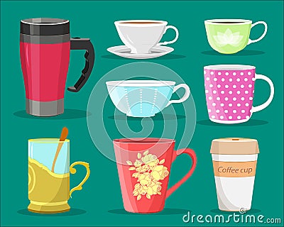 Detailed graphic set of colorful cups for coffee and tea, glass with spoon and paper coffee cup. Flat style. Vector Illustration