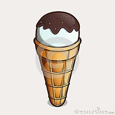 Detailed graphic vanilla ice cream cone isolated on light background. Brown outlines. Vector Illustration