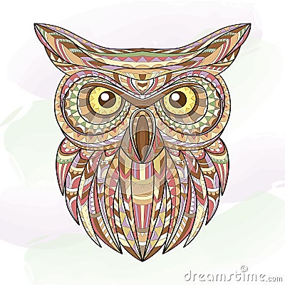 Detailed hand drawn doodle outline owl illustration. Decorative in zentangle style. Patterned fiery on the grunge Vector Illustration