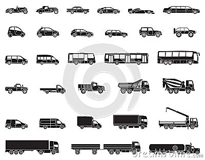 Detailed icons of cars, buses and trucks of various types Cartoon Illustration