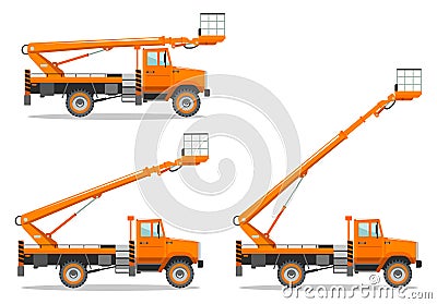 Aerial platform truck with different boom position. Heavy construction machine. Building machinery. Special equipment Vector Illustration