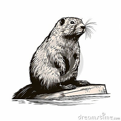 Detailed Illustration Of Beaver On Wooden Block In High-contrast Realism Style Stock Photo