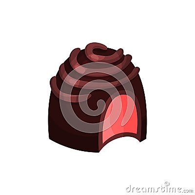 Detailed illustration of candy in dark chocolate glaze with cherry or strawberry filling. Tender souffle. Delicious Vector Illustration