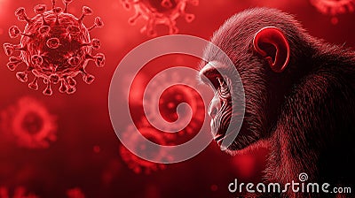 Monkey facing monkeypox virus particle, mpox outbreak concept, zoonotic disease visualization. Generative Ai Cartoon Illustration