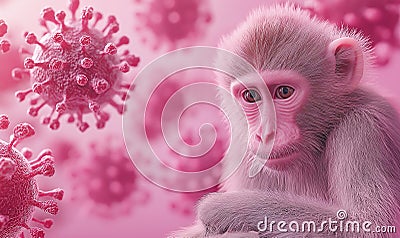 Monkey facing monkeypox virus particle, mpox outbreak concept, zoonotic disease visualization. Generative Ai Cartoon Illustration