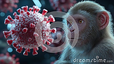 Monkey facing monkeypox virus particle, mpox outbreak concept, zoonotic disease visualization. Generative Ai Cartoon Illustration