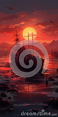 Detailed Illustration Of Post-apocalyptic Ocean With Red Sun Setting Cartoon Illustration