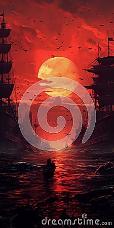 Detailed Illustration Of Post-apocalyptic Ocean With Red Sun Setting Cartoon Illustration