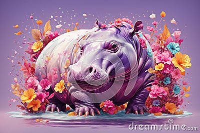 A detailed illustration of a print of a colorful hippopotamus in flowers. ai generative Cartoon Illustration