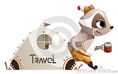 Illustration of a raccoon living in a tent who went to get tea. Vector Illustration