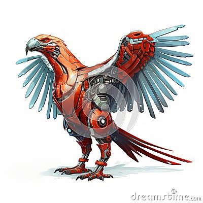 Detailed Illustration Of A Red Robotic Thunderbird With Metal Wings Cartoon Illustration