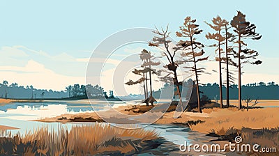 Detailed Illustration Of River Landscape With Pine Trees Cartoon Illustration