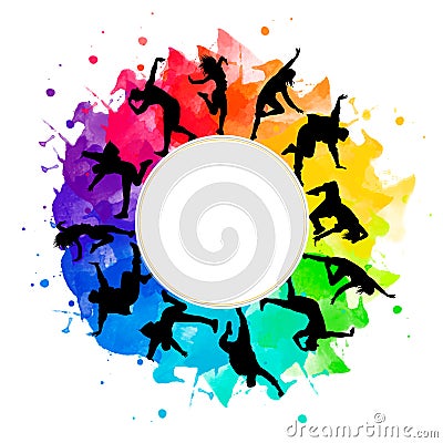 Dancer llustration silhouettes of expressive dance colorful group of people dancing. Funk, hip-hop, house dance watercolor. Cartoon Illustration