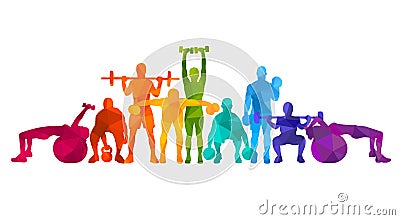 Detailed illustration silhouettes strong rolling people set girl and man sport fitness gym body-building workout powerlifti Vector Illustration