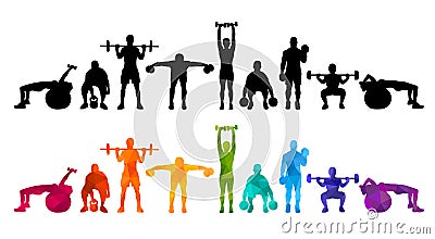 Detailed illustration silhouettes strong rolling people set girl and man sport fitness gym body-building workout powerlifti Cartoon Illustration