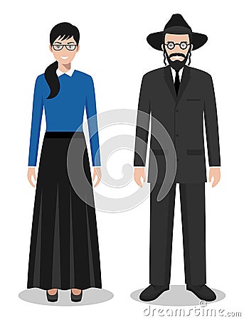 Set of standing together jewish man and woman in the traditional clothing isolated on white background in flat style Vector Illustration