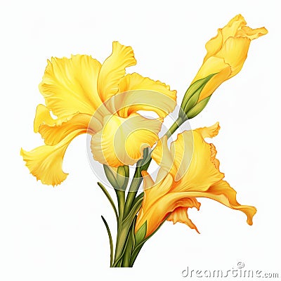 Detailed Illustration Of Two Yellow Irises With Green Leaves Cartoon Illustration