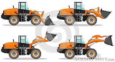 Wheel loader with different boom position. Detailed illustration of heavy mining machine and construction equipment Vector Illustration