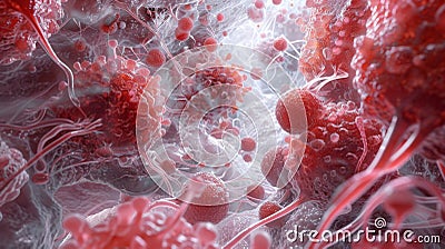A detailed image of a circulating vessel with red and white cells flowing through its intricate network. . Stock Photo