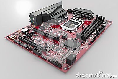 Close-up of red circuit board with high-tech components. ideal for tech themes. modern computer hardware. AI Stock Photo