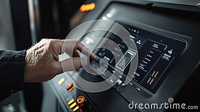 A detailed image of an operators hand adjusting a control while a touchscreen displays AIdriven insights about previous Stock Photo