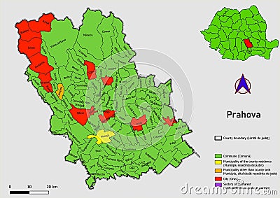 Map of Romania with administrative divisions of Prahova county map with communes, city, municipalities, county seats Stock Photo