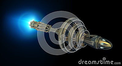 Detailed interstellar spaceship with afterburner isolated on black Cartoon Illustration