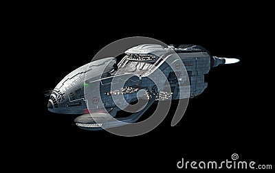 Detailed interstellar spaceship with afterburners isolated on black Cartoon Illustration