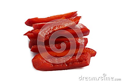 Detailed isolated centered close up food shot of a pile of slices of fresh wet sweet red bell pepper on a white background Stock Photo