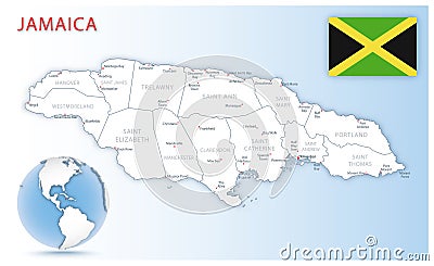 Detailed Jamaica administrative map with country flag and location on a blue globe Cartoon Illustration