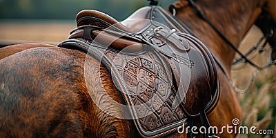 Detailed Leather Horse Saddle on Chestnut Horse Stock Photo