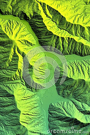 Detailed LiDAR GIS map of a river basin highlighting elevation gradients drainage patterns and terrain features. Stock Photo
