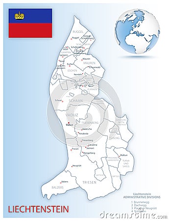 Detailed Liechtenstein administrative map with country flag and location on a blue globe Vector Illustration