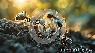 Detailed macro capture of ants devouring a deceased ant in the peaceful forest environment Stock Photo